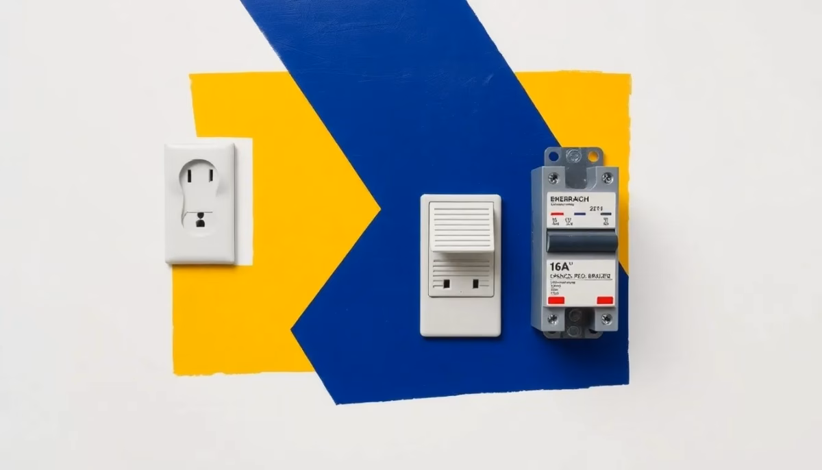 Suprematist abstract painting in the style of Kazimir Malevich featuring a French 2P+T wall socket with child-proof shutters and a 16A circuit breaker. Minimalist composition of bold navy blue and vibrant yellow geometric shapes on a stark white background, flat textures, sharp edges, avant-garde electrical concept, no humans, no text, no lettering, no overlay.