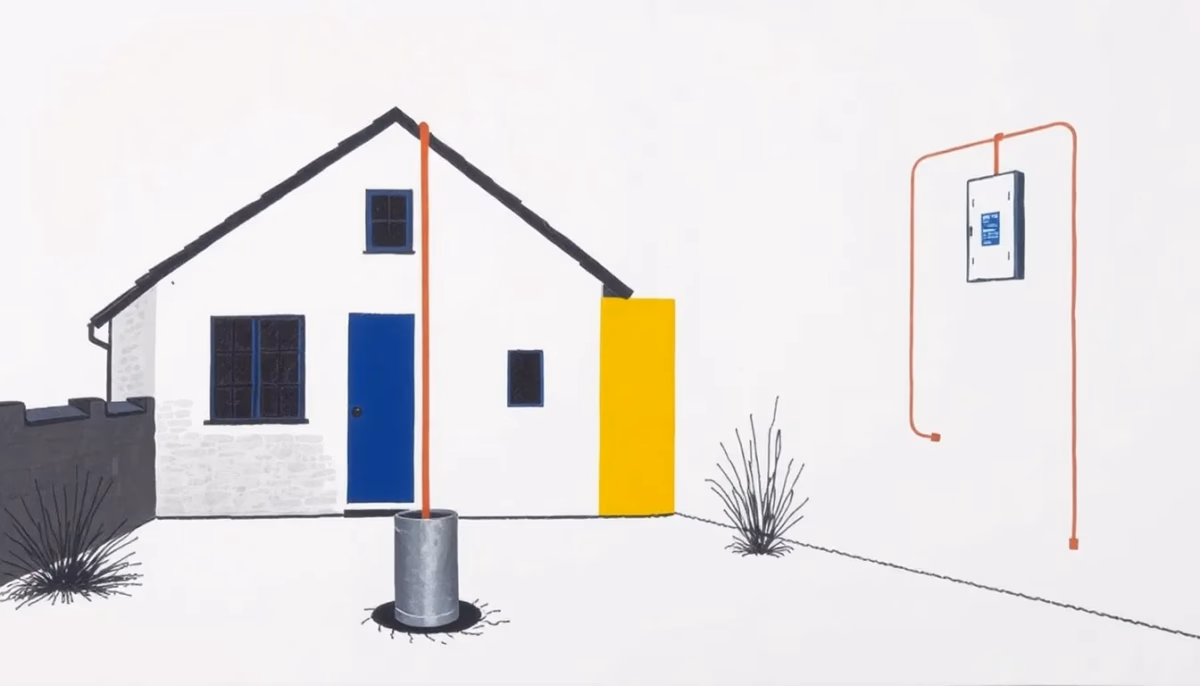 Suprematist abstract painting in the style of Kazimir Malevich: a galvanized steel earth rod driven into the courtyard of a semi-detached stone village house, connected by a bold copper line to a minimalist electrical panel. Minimalist composition of bold navy blue and vibrant yellow geometric shapes on a stark white background. Flat textures, sharp edges, avant-garde electrical concept. No humans, no text, no lettering, no overlay, no watermark.