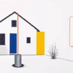 Suprematist abstract painting in the style of Kazimir Malevich: a galvanized steel earth rod driven into the courtyard of a semi-detached stone village house, connected by a bold copper line to a minimalist electrical panel. Minimalist composition of bold navy blue and vibrant yellow geometric shapes on a stark white background. Flat textures, sharp edges, avant-garde electrical concept. No humans, no text, no lettering, no overlay, no watermark.