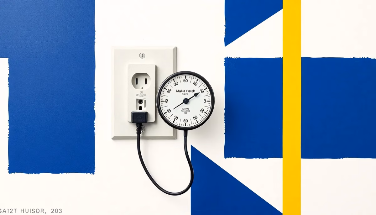 Suprematist abstract painting by Kazimir Malevich featuring a wall-mounted French electrical socket with a detached plug and a floating multimeter dial. Minimalist composition of bold navy blue and vibrant yellow geometric shapes on a stark white background. Flat textures, sharp edges, avant-garde electrical concept. No humans, no text, no letters, no numbers, no watermark, no logo, clean geometric shapes.