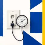 Suprematist abstract painting by Kazimir Malevich featuring a wall-mounted French electrical socket with a detached plug and a floating multimeter dial. Minimalist composition of bold navy blue and vibrant yellow geometric shapes on a stark white background. Flat textures, sharp edges, avant-garde electrical concept. No humans, no text, no letters, no numbers, no watermark, no logo, clean geometric shapes.