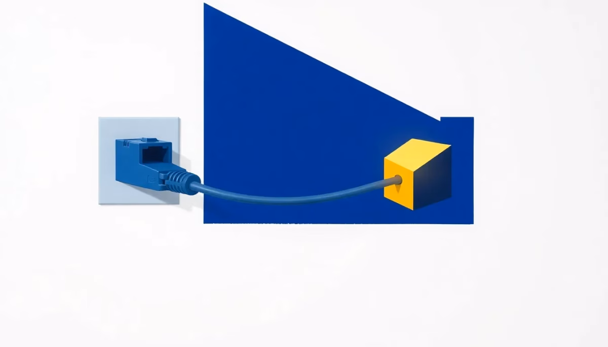 Suprematist abstract painting in the style of Kazimir Malevich featuring a wall-mounted RJ45 ethernet outlet with a rigid twisted-pair cable arcing toward a glowing geometric router block. Minimalist composition of bold navy blue and vibrant yellow geometric shapes on a stark white background. Flat textures, sharp edges, avant-garde electrical concept. No humans, no text, no lettering, no logos, no watermarks.