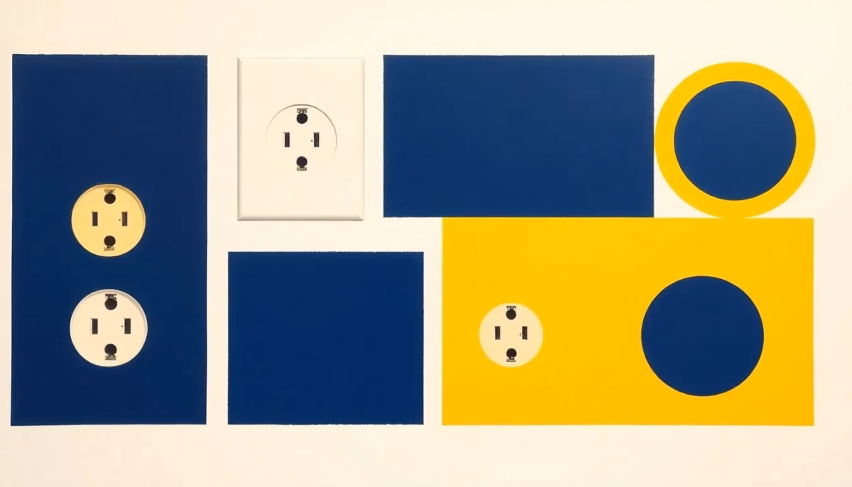 Suprematist abstract painting by Kazimir Malevich featuring wall socket plates and circular outlet geometries arranged in a rhythmic grid. Minimalist composition of bold navy blue and vibrant yellow geometric shapes on a stark white background. Flat textures, sharp edges, avant-garde electrical concept. No humans, no text, no letters, no numbers, no logo, no overlay.
