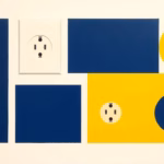Suprematist abstract painting by Kazimir Malevich featuring wall socket plates and circular outlet geometries arranged in a rhythmic grid. Minimalist composition of bold navy blue and vibrant yellow geometric shapes on a stark white background. Flat textures, sharp edges, avant-garde electrical concept. No humans, no text, no letters, no numbers, no logo, no overlay.