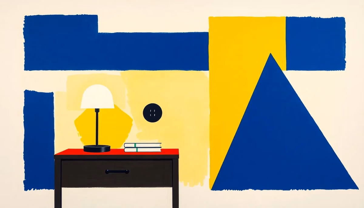 Suprematist abstract painting in the style of Kazimir Malevich featuring a bedside table with a glowing reading lamp, a round wall socket and a small stack of books. Minimalist composition of bold navy blue and vibrant yellow geometric shapes on a stark white background. Flat textures, sharp edges, avant-garde electrical concept. No humans, no text, no lettering, no watermark.
