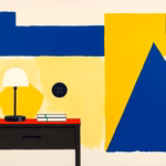 Suprematist abstract painting in the style of Kazimir Malevich featuring a bedside table with a glowing reading lamp, a round wall socket and a small stack of books. Minimalist composition of bold navy blue and vibrant yellow geometric shapes on a stark white background. Flat textures, sharp edges, avant-garde electrical concept. No humans, no text, no lettering, no watermark.
