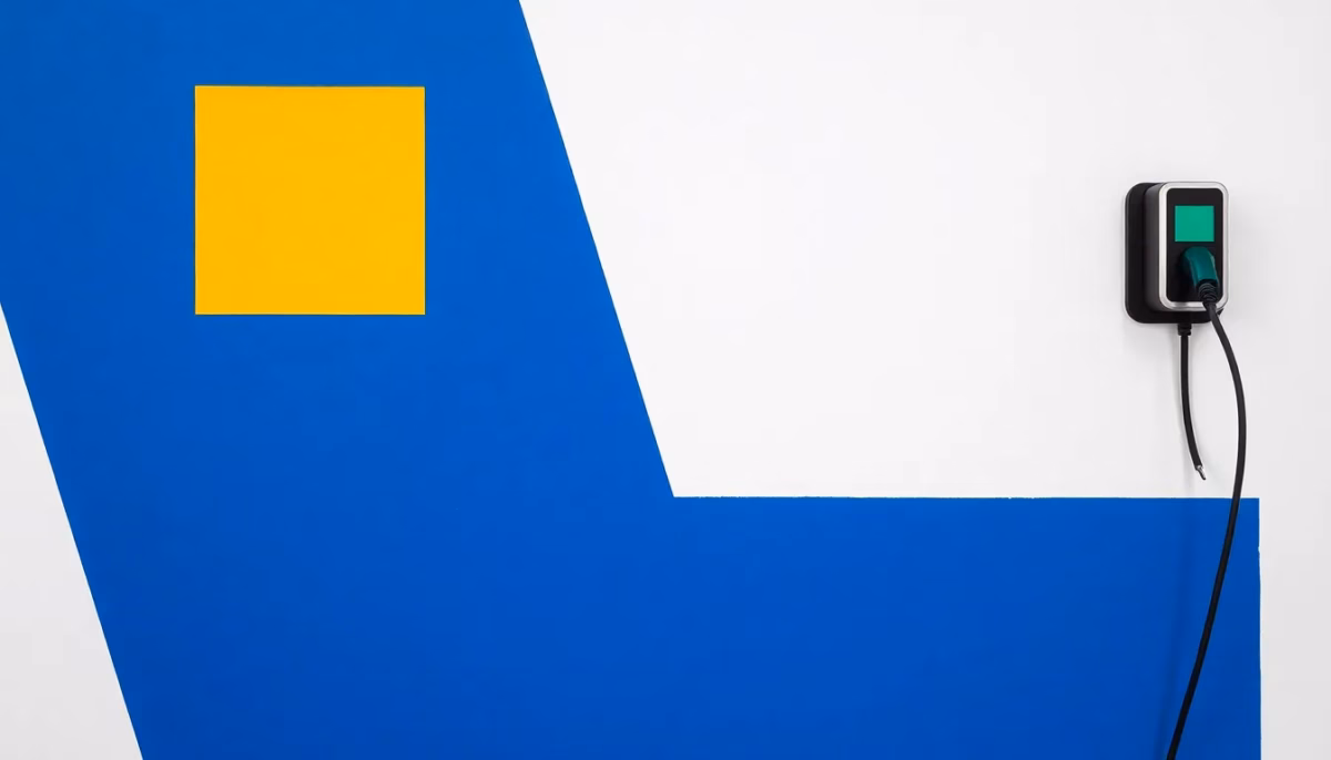 Suprematist abstract painting in the style of Kazimir Malevich featuring a wall-mounted electric vehicle charging station with a thick coiled charging cable and a geometric car silhouette. Minimalist composition of bold navy blue and vibrant yellow geometric shapes on a stark white background. Flat textures, sharp edges, avant-garde electrical concept. No humans, no text overlay.