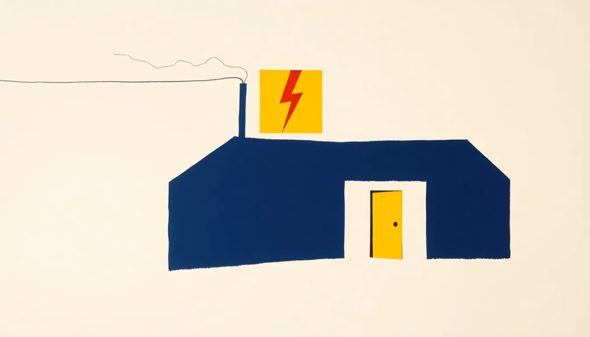 Suprematist abstract painting in the style of Kazimir Malevich, featuring a small rural house protected by a lightning rod and a geometric security shield floating above its roof. Minimalist composition of bold navy blue and vibrant yellow geometric shapes on a stark white background. Flat textures, sharp edges, avant-garde electrical protection concept, clean high-contrast design, no humans, no text, no lettering, no watermark.
