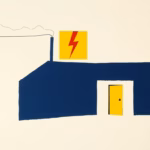Suprematist abstract painting in the style of Kazimir Malevich, featuring a small rural house protected by a lightning rod and a geometric security shield floating above its roof. Minimalist composition of bold navy blue and vibrant yellow geometric shapes on a stark white background. Flat textures, sharp edges, avant-garde electrical protection concept, clean high-contrast design, no humans, no text, no lettering, no watermark.