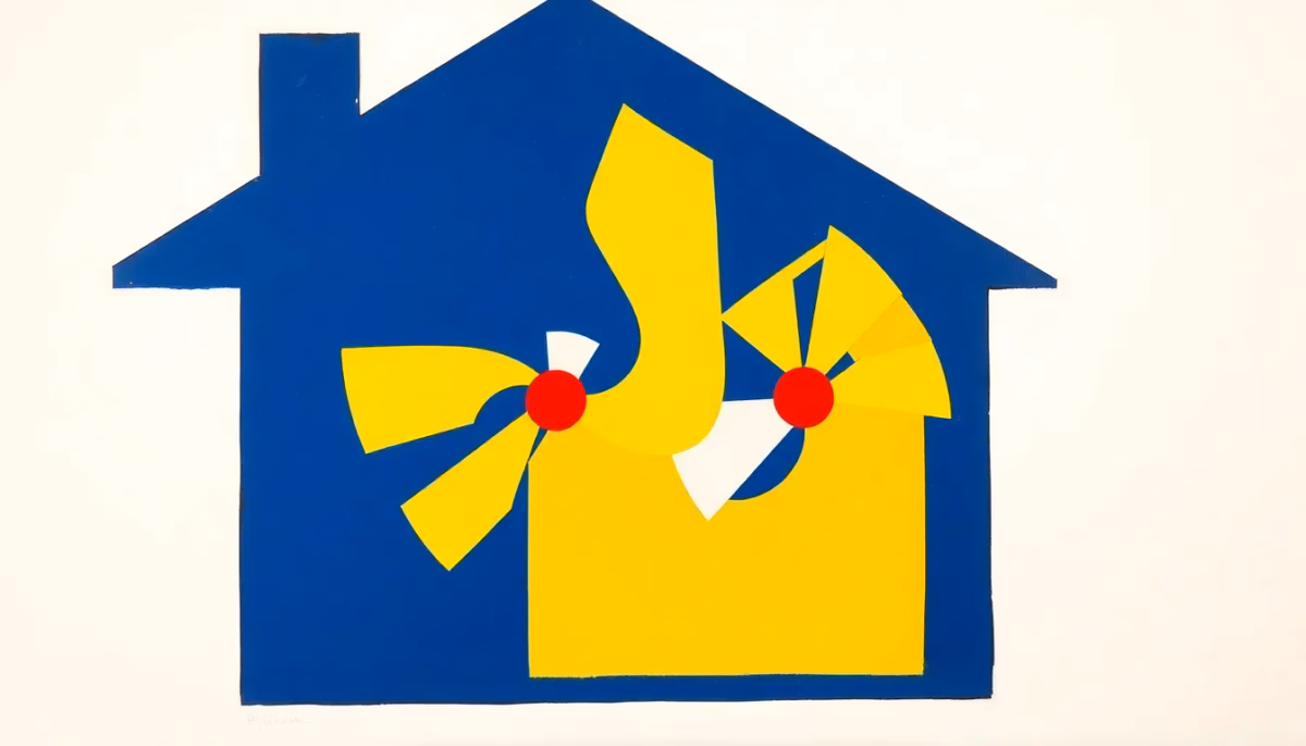 Suprematist abstract painting by Kazimir Malevich featuring an abstract house cutaway with swirling geometric ventilation air currents and stylized fan blades. Minimalist composition of bold navy blue and vibrant yellow geometric shapes on a stark white background. Flat textures, sharp edges, avant-garde electrical concept. No humans, no text.