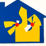 Suprematist abstract painting by Kazimir Malevich featuring an abstract house cutaway with swirling geometric ventilation air currents and stylized fan blades. Minimalist composition of bold navy blue and vibrant yellow geometric shapes on a stark white background. Flat textures, sharp edges, avant-garde electrical concept. No humans, no text.