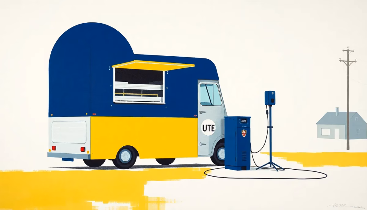 Suprematist abstract painting by Kazimir Malevich featuring a vintage food truck connected by a thick electric cable to a power pedestal on a rural village square. Minimalist composition of bold navy blue and vibrant yellow geometric shapes on a stark white background. Flat textures, sharp edges, avant-garde electrical concept. No humans, no text.