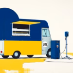 Suprematist abstract painting by Kazimir Malevich featuring a vintage food truck connected by a thick electric cable to a power pedestal on a rural village square. Minimalist composition of bold navy blue and vibrant yellow geometric shapes on a stark white background. Flat textures, sharp edges, avant-garde electrical concept. No humans, no text.