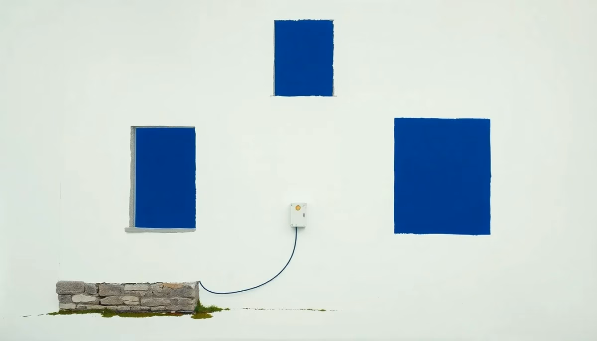 Suprematist abstract painting by Kazimir Malevich featuring a fiber optic cable gliding discreetly along the facade of an old stone house toward a small white wall box. Minimalist composition of bold navy blue and vibrant yellow geometric shapes on a stark white background. Flat textures, sharp edges, avant-garde electrical concept. No humans, no text overlay.