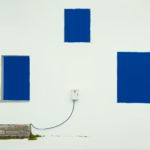Suprematist abstract painting by Kazimir Malevich featuring a fiber optic cable gliding discreetly along the facade of an old stone house toward a small white wall box. Minimalist composition of bold navy blue and vibrant yellow geometric shapes on a stark white background. Flat textures, sharp edges, avant-garde electrical concept. No humans, no text overlay.