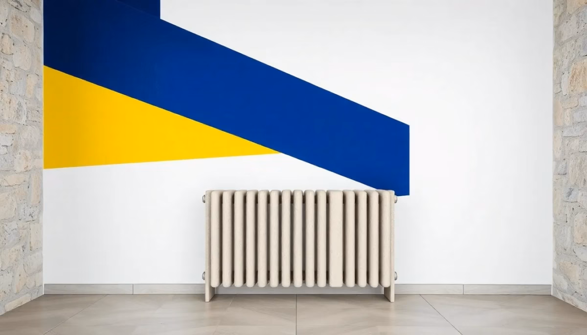 Suprematist abstract painting by Kazimir Malevich featuring a massive travertine stone radiator diffusing soft radiant heat waves in an old stone-walled farmhouse living room. Minimalist composition of bold navy blue and vibrant yellow geometric shapes on a stark white background. Flat textures, sharp edges, avant-garde electrical concept. No humans, no text.