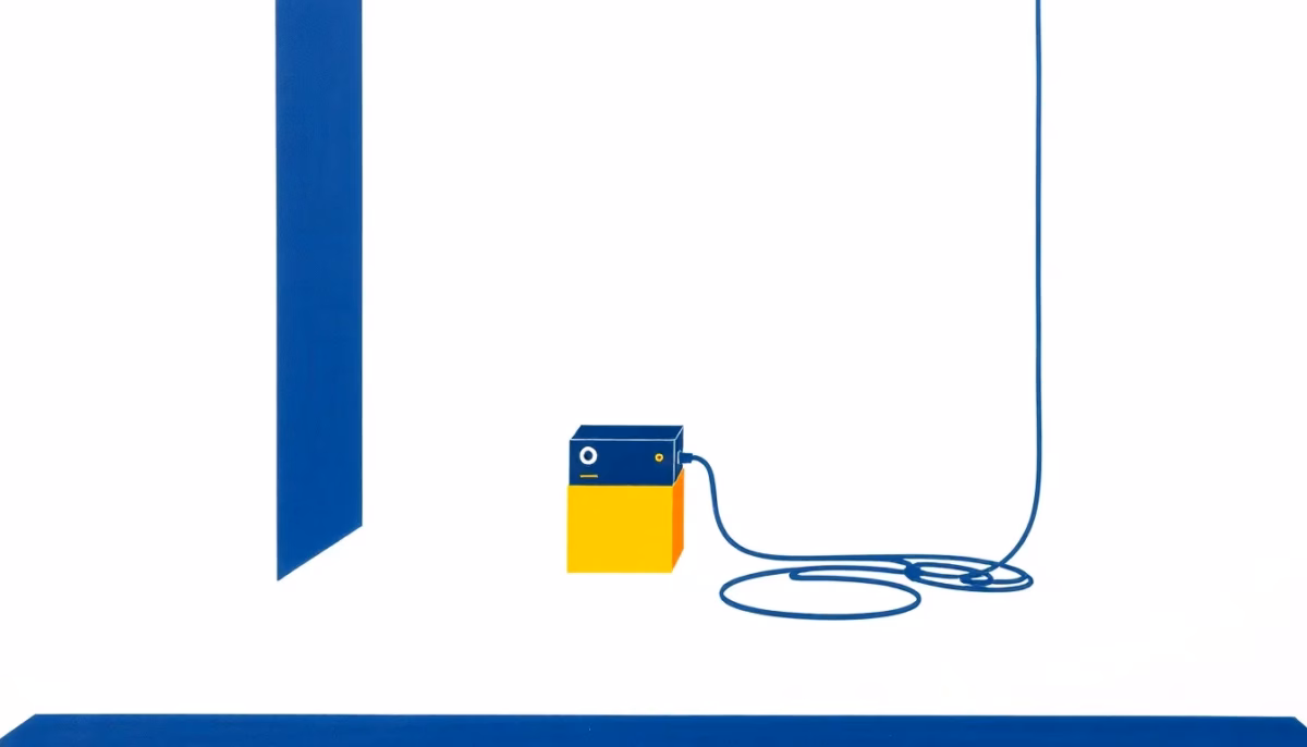 Suprematist abstract painting by Kazimir Malevich depicting a tidy network corner with an internet box, a small surveillance camera, and neatly coiled Ethernet cables arranged as ordered geometric blocks. Minimalist composition with bold navy blue and vibrant yellow geometric shapes on a stark white background, flat textures, sharp edges, avant-garde electrical concept, no humans, no text, no logo, no overlay.