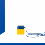 Suprematist abstract painting by Kazimir Malevich depicting a tidy network corner with an internet box, a small surveillance camera, and neatly coiled Ethernet cables arranged as ordered geometric blocks. Minimalist composition with bold navy blue and vibrant yellow geometric shapes on a stark white background, flat textures, sharp edges, avant-garde electrical concept, no humans, no text, no logo, no overlay.