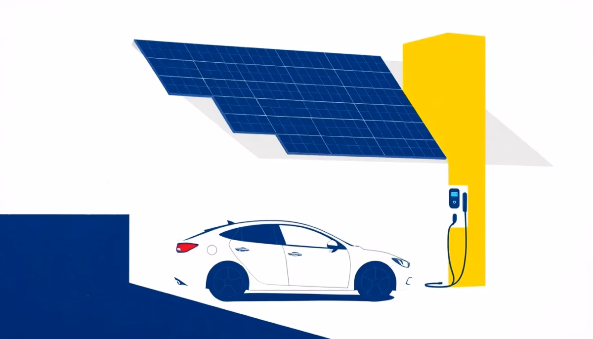 Suprematist abstract painting in the style of Kazimir Malevich showing a rooftop solar array wired to an electric car charging station. Minimalist composition of bold navy blue and vibrant yellow geometric shapes on a stark white background. Flat textures, sharp edges, avant-garde electrical concept, clean vector-like rendering. No humans, no text, no letters, no numbers, no logos, no watermarks.