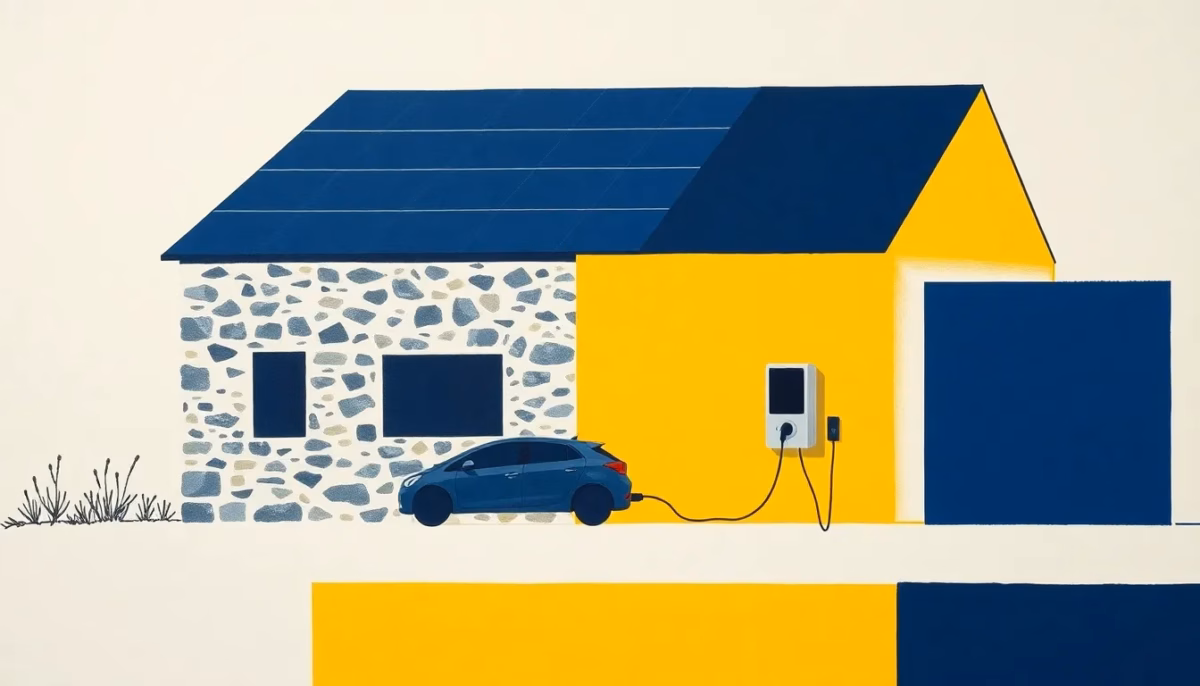 Suprematist abstract painting by Kazimir Malevich featuring a rural stone house with a solar-panelled roof and a small electric car plugged into a wall-mounted charging box. Minimalist composition of bold navy blue and vibrant yellow geometric shapes on a stark white background. Flat textures, sharp edges, avant-garde electrical concept. No humans, no text, no logos, no overlay.