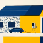 Suprematist abstract painting by Kazimir Malevich featuring a rural stone house with a solar-panelled roof and a small electric car plugged into a wall-mounted charging box. Minimalist composition of bold navy blue and vibrant yellow geometric shapes on a stark white background. Flat textures, sharp edges, avant-garde electrical concept. No humans, no text, no logos, no overlay.