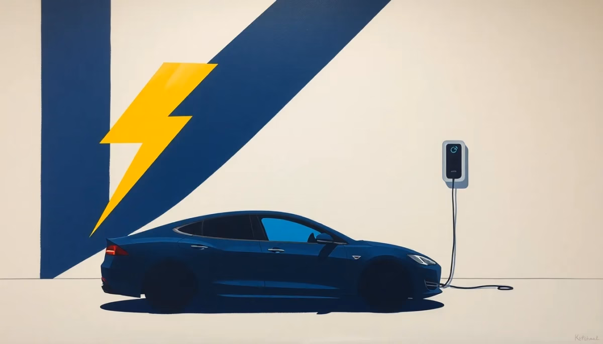 Suprematist abstract painting by Kazimir Malevich featuring a sleek electric car silhouette plugged into a wall-mounted charging station under a night sky, geometric lightning bolt motifs. Minimalist composition of bold navy blue and vibrant yellow geometric shapes on a stark white background. Flat textures, sharp edges, avant-garde electrical concept. No humans, no text, no typography, no overlay.