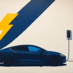 Suprematist abstract painting by Kazimir Malevich featuring a sleek electric car silhouette plugged into a wall-mounted charging station under a night sky, geometric lightning bolt motifs. Minimalist composition of bold navy blue and vibrant yellow geometric shapes on a stark white background. Flat textures, sharp edges, avant-garde electrical concept. No humans, no text, no typography, no overlay.