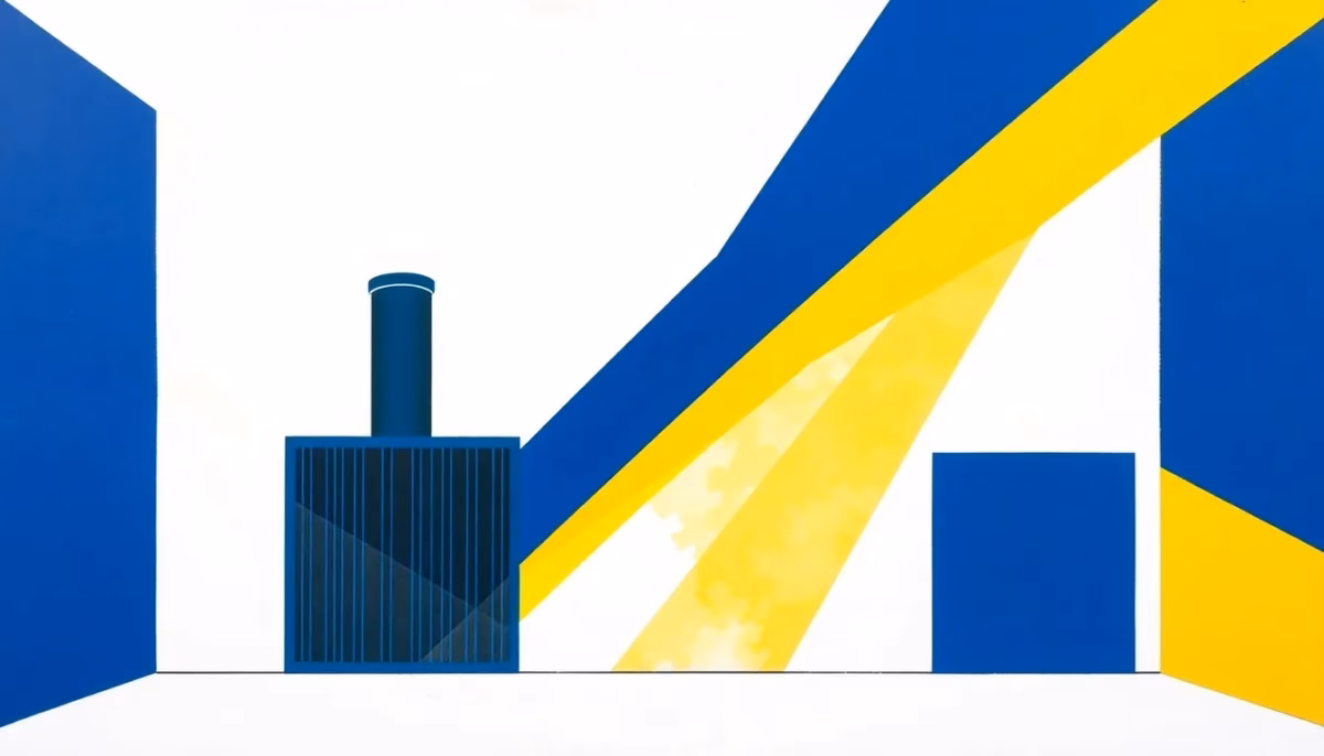 Suprematist abstract painting by Kazimir Malevich featuring a chimney flue, a ventilation grille and rising airflow lines inside a boiler room. Minimalist composition of bold navy blue and vibrant yellow geometric shapes on a stark white background. Flat textures, sharp edges, avant-garde electrical concept. No humans, no text overlay.