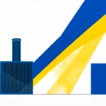 Suprematist abstract painting by Kazimir Malevich featuring a chimney flue, a ventilation grille and rising airflow lines inside a boiler room. Minimalist composition of bold navy blue and vibrant yellow geometric shapes on a stark white background. Flat textures, sharp edges, avant-garde electrical concept. No humans, no text overlay.