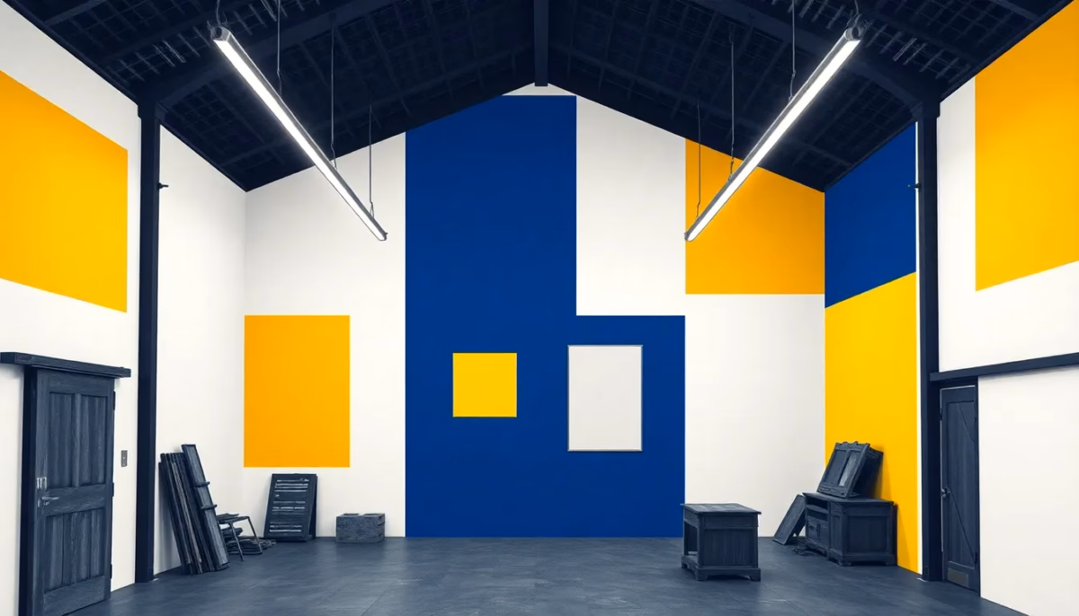 Suprematist abstract painting by Kazimir Malevich featuring a barn workshop with suspended linear LED light battens. Minimalist composition of bold navy blue and vibrant yellow geometric shapes on a stark white background. Flat textures, sharp edges, avant-garde electrical concept. No humans, no text.