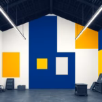 Suprematist abstract painting by Kazimir Malevich featuring a barn workshop with suspended linear LED light battens. Minimalist composition of bold navy blue and vibrant yellow geometric shapes on a stark white background. Flat textures, sharp edges, avant-garde electrical concept. No humans, no text.