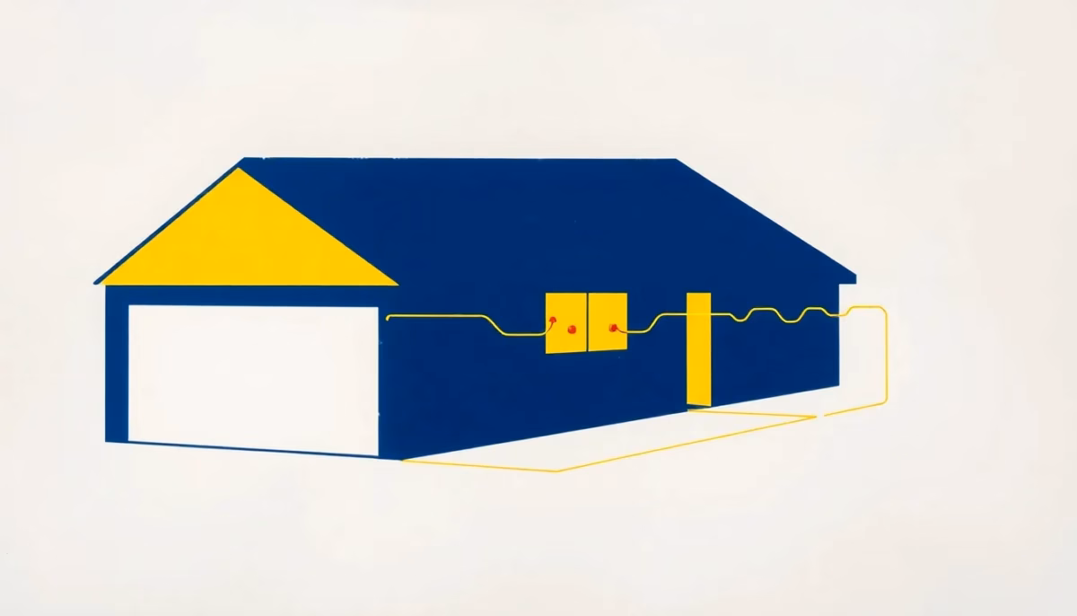 Suprematist abstract painting by Kazimir Malevich featuring a detached garage linked to a house by glowing powerline data streams running through electrical wall sockets. Minimalist composition of bold navy blue and vibrant yellow geometric shapes on a stark white background. Flat textures, sharp edges, avant-garde electrical concept. No humans, no text overlay.