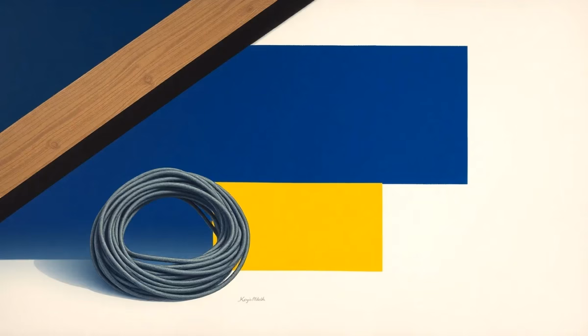 Suprematist abstract painting by Kazimir Malevich featuring old fabric-insulated electrical wires coiled beside rolls of attic insulation under a sloped roof. Minimalist composition of bold navy blue and vibrant yellow geometric shapes on a stark white background. Flat textures, sharp edges, avant-garde electrical concept. No humans, no text overlay.