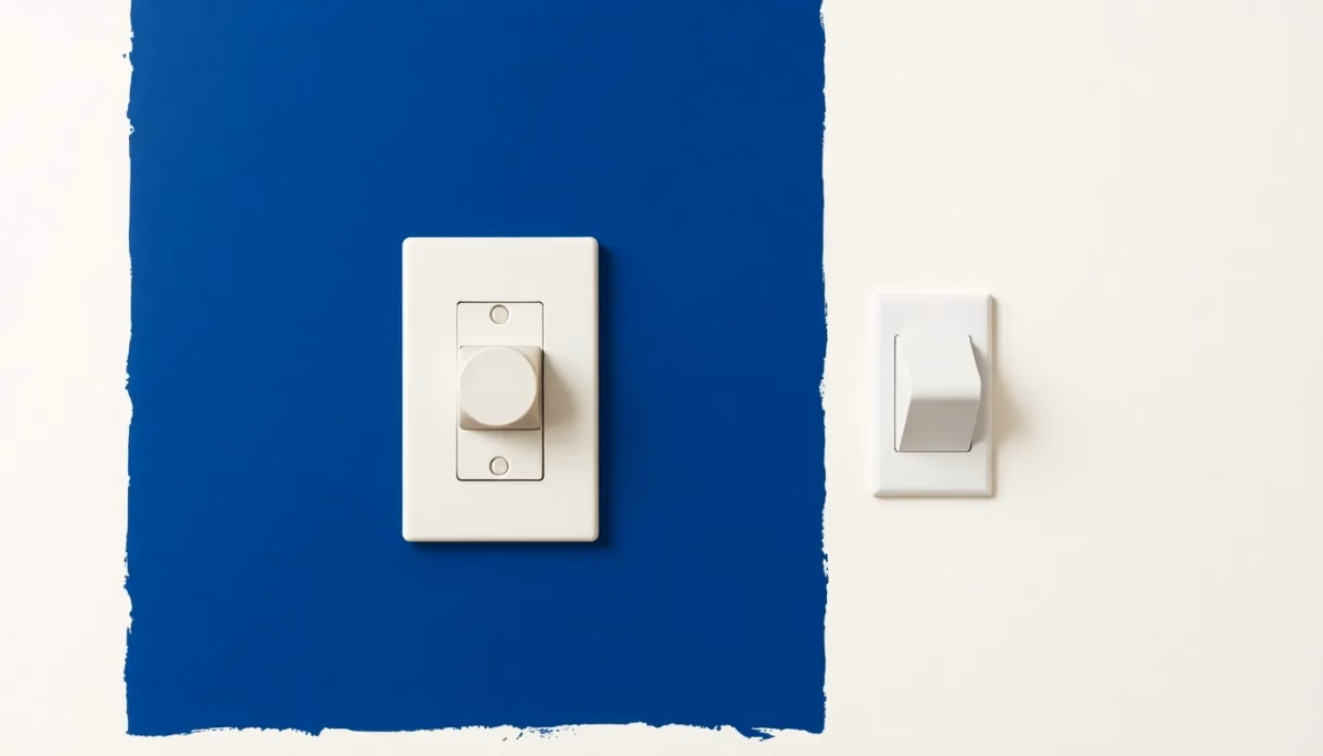 Suprematist abstract painting in the style of Kazimir Malevich featuring a vintage ceramic push-button light switch being replaced by a modern flat rocker switch. Minimalist composition of bold navy blue and vibrant yellow geometric shapes on a stark white background. Flat textures, sharp edges, avant-garde electrical concept. No humans, no text, no lettering, no overlays, no watermarks.