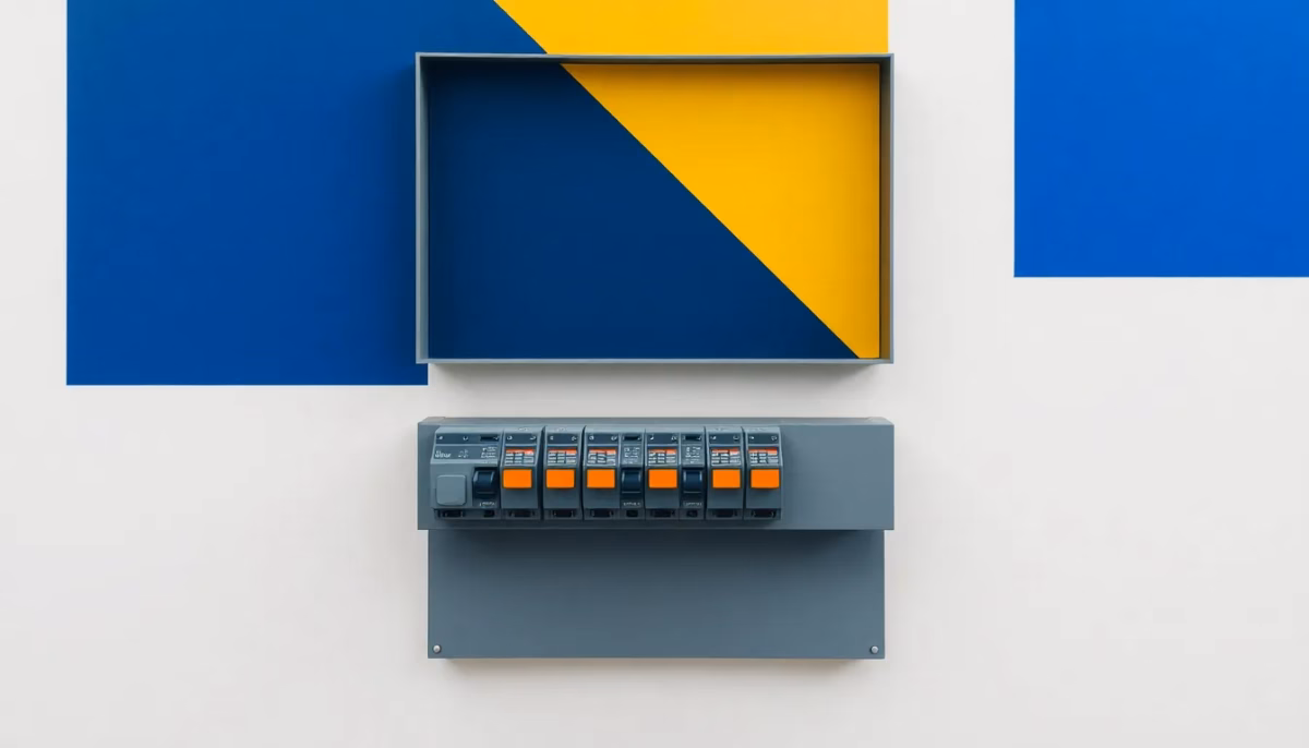 Suprematist abstract painting by Kazimir Malevich featuring an open electrical consumer unit with a row of differential circuit breakers mounted on a DIN rail. Minimalist composition of bold navy blue and vibrant yellow geometric shapes on a stark white background. Flat textures, sharp edges, avant-garde electrical concept. No humans, no text.