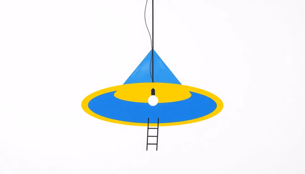 Suprematist abstract painting by Kazimir Malevich featuring a suspended geometric chandelier with a telescopic rod and a small stepladder silhouette. Minimalist composition of bold navy blue and vibrant yellow geometric shapes on a stark white background. Flat textures, sharp edges, avant-garde electrical concept. No humans, no text, no lettering, no overlay.