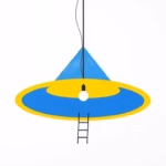 Suprematist abstract painting by Kazimir Malevich featuring a suspended geometric chandelier with a telescopic rod and a small stepladder silhouette. Minimalist composition of bold navy blue and vibrant yellow geometric shapes on a stark white background. Flat textures, sharp edges, avant-garde electrical concept. No humans, no text, no lettering, no overlay.