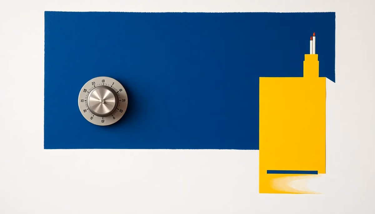 Suprematist abstract painting inspired by Kazimir Malevich, featuring a vintage mechanical wall thermostat with a round dial and three exposed electrical wires floating beside a minimalist boiler silhouette. Minimalist composition of bold navy blue and vibrant yellow geometric shapes on a stark white background. Flat textures, sharp edges, avant-garde electrical concept. No humans, no text, no letters, no numbers.