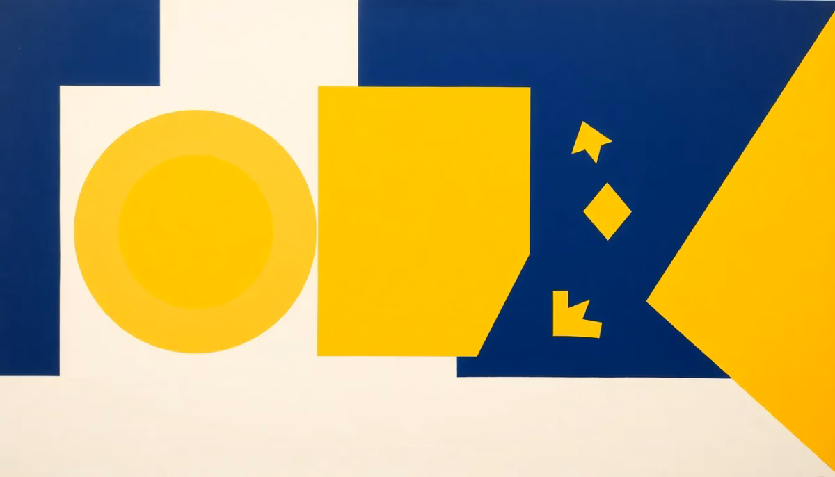 Suprematist abstract painting inspired by Kazimir Malevich depicting an abstract ventilation system: a circular extraction grille, a cube-shaped heat exchanger core and geometric arrows showing air flow. Minimalist composition of bold navy blue and vibrant yellow geometric shapes on a stark white background. Flat matte textures, sharp edges, avant-garde electrical concept, high contrast, clean and modern. No humans, no text, no letters, no numbers, no watermark.