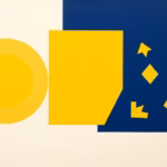 Suprematist abstract painting inspired by Kazimir Malevich depicting an abstract ventilation system: a circular extraction grille, a cube-shaped heat exchanger core and geometric arrows showing air flow. Minimalist composition of bold navy blue and vibrant yellow geometric shapes on a stark white background. Flat matte textures, sharp edges, avant-garde electrical concept, high contrast, clean and modern. No humans, no text, no letters, no numbers, no watermark.
