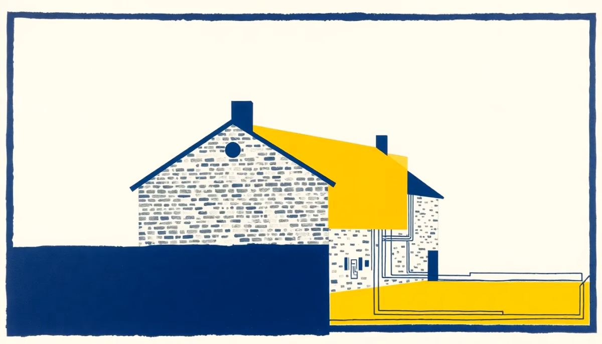 Suprematist abstract painting in the style of Kazimir Malevich, combining the silhouette of a rustic stone and brick farmhouse with a modern electrical distribution board and circuit lines. Minimalist composition with bold navy blue and vibrant yellow geometric shapes on a stark white background, flat textures, sharp edges, avant-garde electrical concept, no humans, no text, no letters, no numbers, no logos, no watermark.