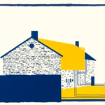 Suprematist abstract painting in the style of Kazimir Malevich, combining the silhouette of a rustic stone and brick farmhouse with a modern electrical distribution board and circuit lines. Minimalist composition with bold navy blue and vibrant yellow geometric shapes on a stark white background, flat textures, sharp edges, avant-garde electrical concept, no humans, no text, no letters, no numbers, no logos, no watermark.