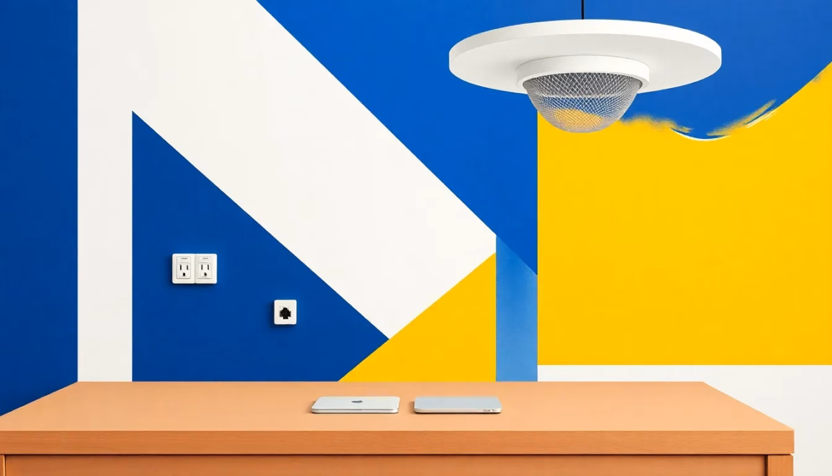 Suprematist abstract painting by Kazimir Malevich featuring a home office desk with RJ45 wall sockets, a network patch panel and a ceiling mesh Wi-Fi access point. Minimalist composition of bold navy blue and vibrant yellow geometric shapes on a stark white background. Flat textures, sharp edges, avant-garde electrical concept. No humans, no text overlay.