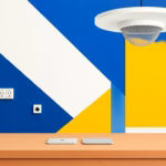 Suprematist abstract painting by Kazimir Malevich featuring a home office desk with RJ45 wall sockets, a network patch panel and a ceiling mesh Wi-Fi access point. Minimalist composition of bold navy blue and vibrant yellow geometric shapes on a stark white background. Flat textures, sharp edges, avant-garde electrical concept. No humans, no text overlay.