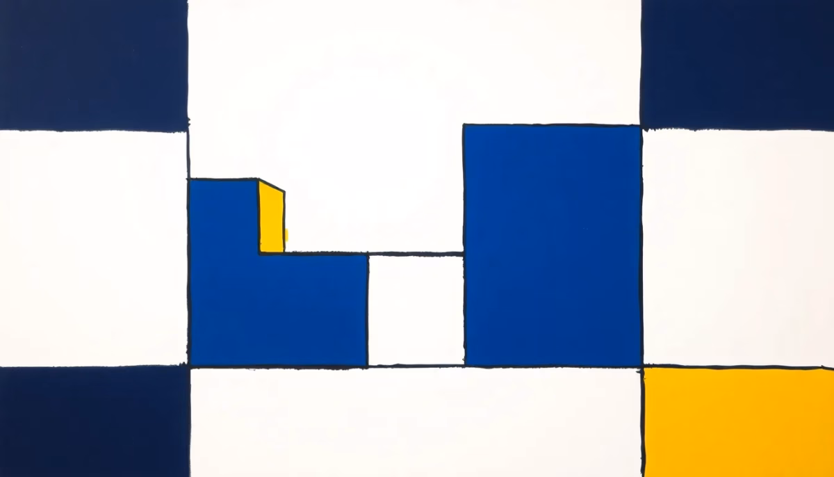 Suprematist abstract painting in the style of Kazimir Malevich featuring two detached rectangular buildings linked by a thin diagonal radio bridge. Minimalist composition of bold navy blue and vibrant yellow geometric shapes on a stark white background. Flat textures, sharp edges, avant-garde electrical concept. No humans, no text.