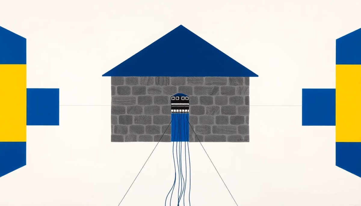 Suprematist abstract painting by Kazimir Malevich featuring a cross-section of a stone house wired with Ethernet cables radiating in a star topology toward a central patch panel. Minimalist composition of bold navy blue and vibrant yellow geometric shapes on a stark white background. Flat textures, sharp edges, avant-garde electrical concept. No humans, no text.