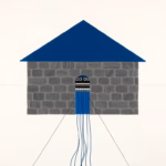 Suprematist abstract painting by Kazimir Malevich featuring a cross-section of a stone house wired with Ethernet cables radiating in a star topology toward a central patch panel. Minimalist composition of bold navy blue and vibrant yellow geometric shapes on a stark white background. Flat textures, sharp edges, avant-garde electrical concept. No humans, no text.