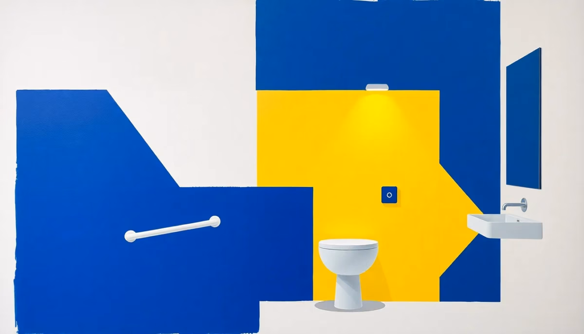 Suprematist abstract painting by Kazimir Malevich featuring a minimalist bathroom adapted for seniors, with wall-mounted grab bars and a low-level night light. Minimalist composition of bold navy blue and vibrant yellow geometric shapes on a stark white background. Flat textures, sharp edges, avant-garde electrical concept. No humans, no text.