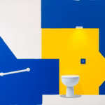 Suprematist abstract painting by Kazimir Malevich featuring a minimalist bathroom adapted for seniors, with wall-mounted grab bars and a low-level night light. Minimalist composition of bold navy blue and vibrant yellow geometric shapes on a stark white background. Flat textures, sharp edges, avant-garde electrical concept. No humans, no text.