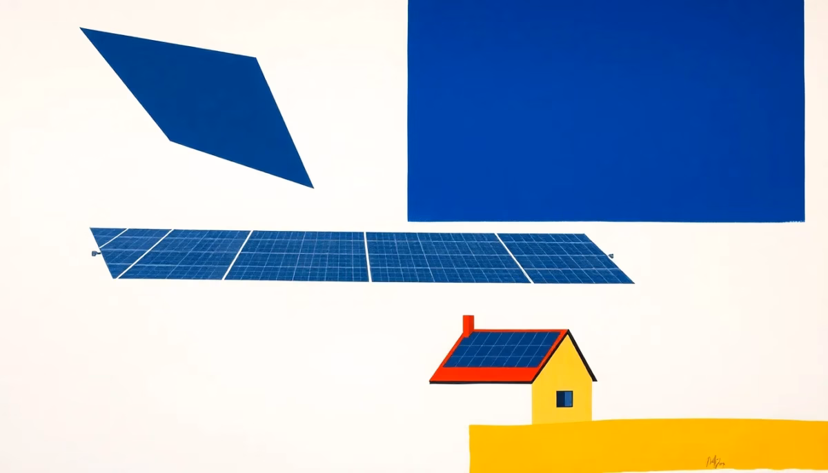 Suprematist abstract painting in the style of Kazimir Malevich: a geometric satellite with solar panel wings orbiting above a small house with a photovoltaic rooftop. Minimalist composition of bold navy blue and vibrant yellow geometric shapes on a stark white background. Flat textures, sharp edges, avant-garde electrical concept. No humans, no text, no typography, no watermark.